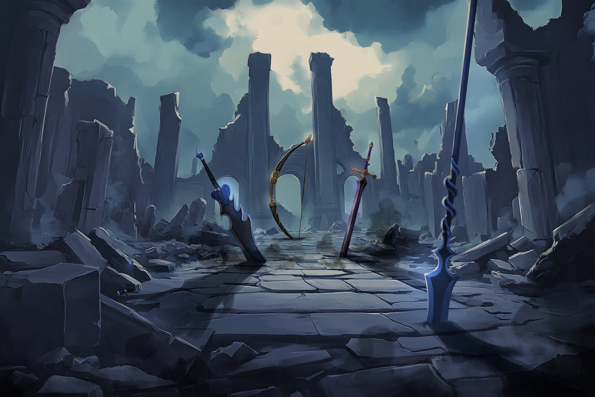 An axe, bow, sword and staff stand in ruined stone paving beneath broken pillars