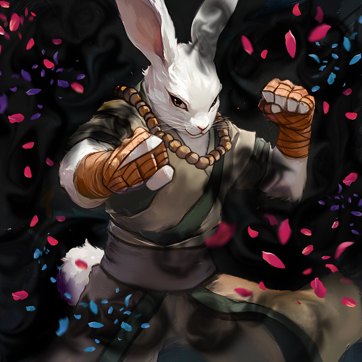 A white rabbitfolk fighter with wrapped fists and a wooden bead necklace poses among falling petals