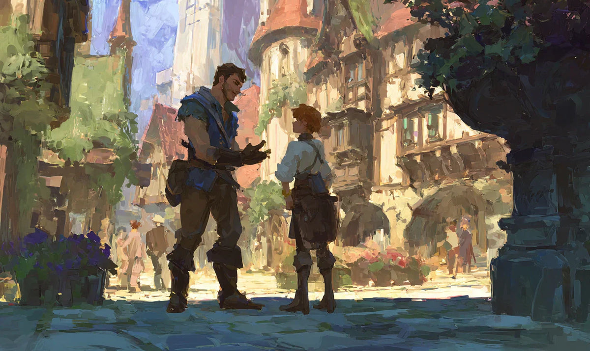 adventurer explaining something to an artist