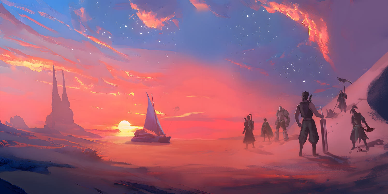 Epic fantasy landscape commission featuring a D&D party overlooking a sunset-lit desert with a sailing ship. Custom worldbuilding artwork for tabletop RPG campaigns, fantasy novels, and immersive storytelling