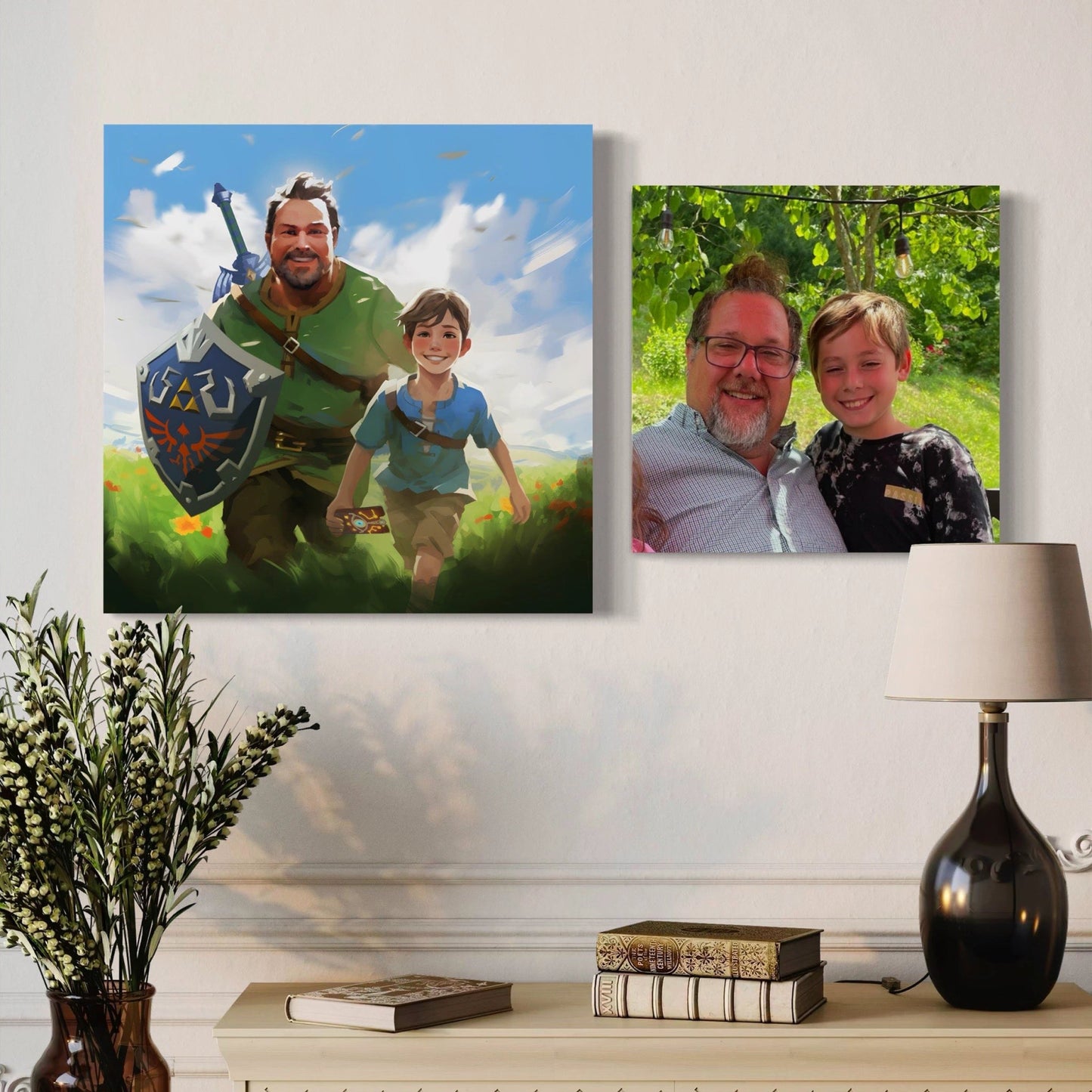 Home decor mock-up showing ready-to-hang cotton canvas print of father with legendary sword and son with iconic shield, adventure style by FondlyFramed.