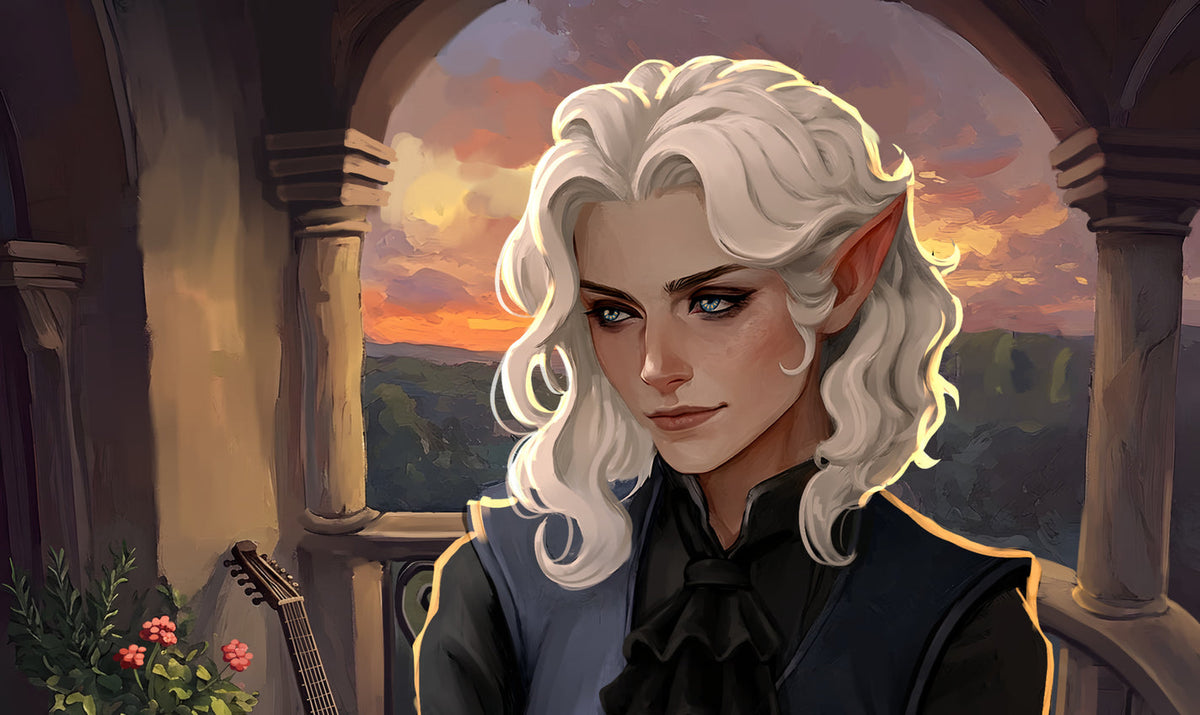 White-haired elf in a dark vest reading an open book in a stone archway, with a lute and flowers nearby