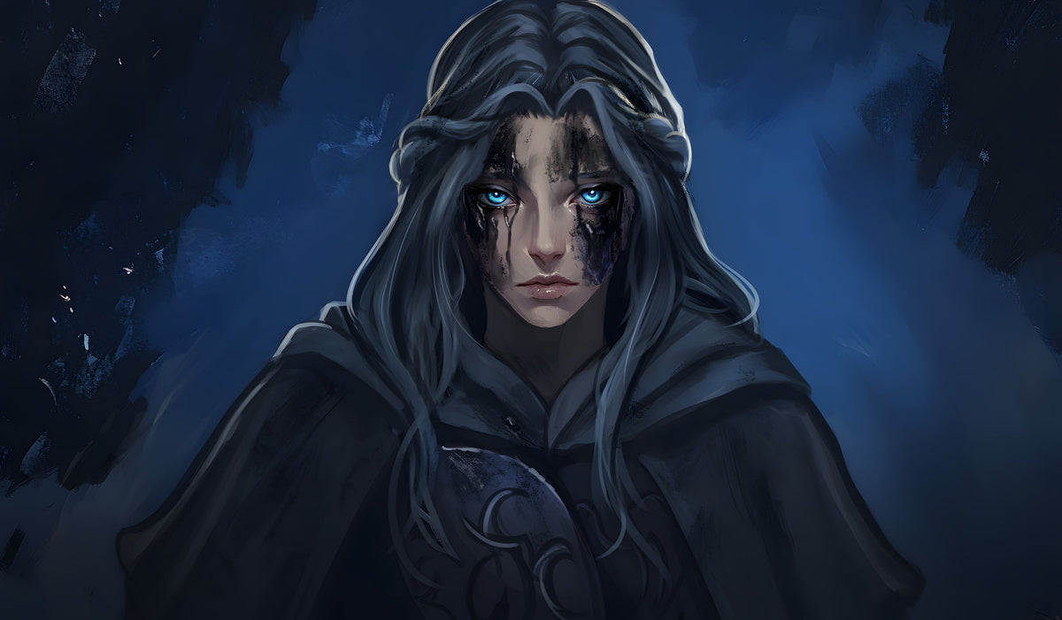 Long-haired hooded fantasy character with bright blue eyes and dark facial markings in a blue-lit forest.