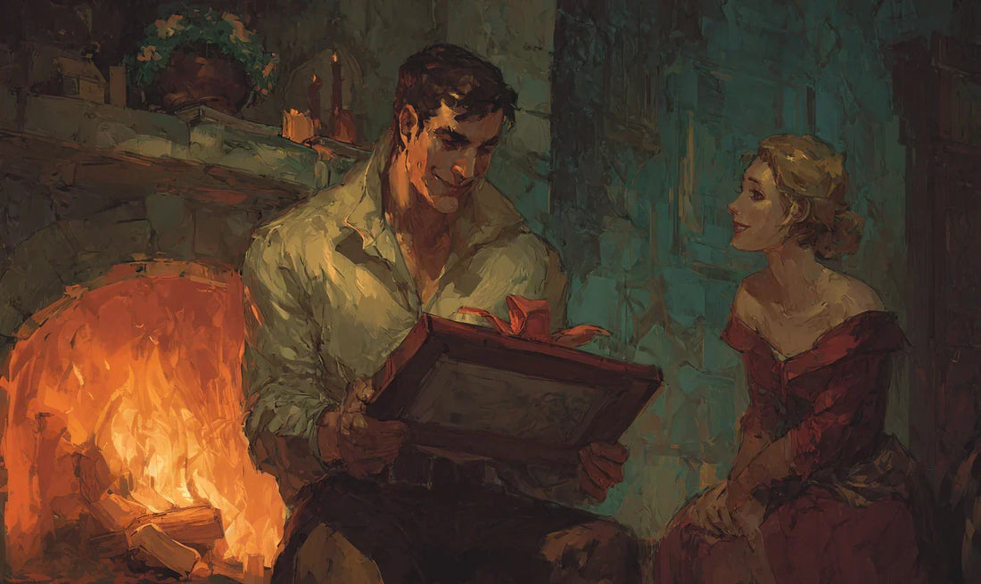 husband opening a gift by the fireplace