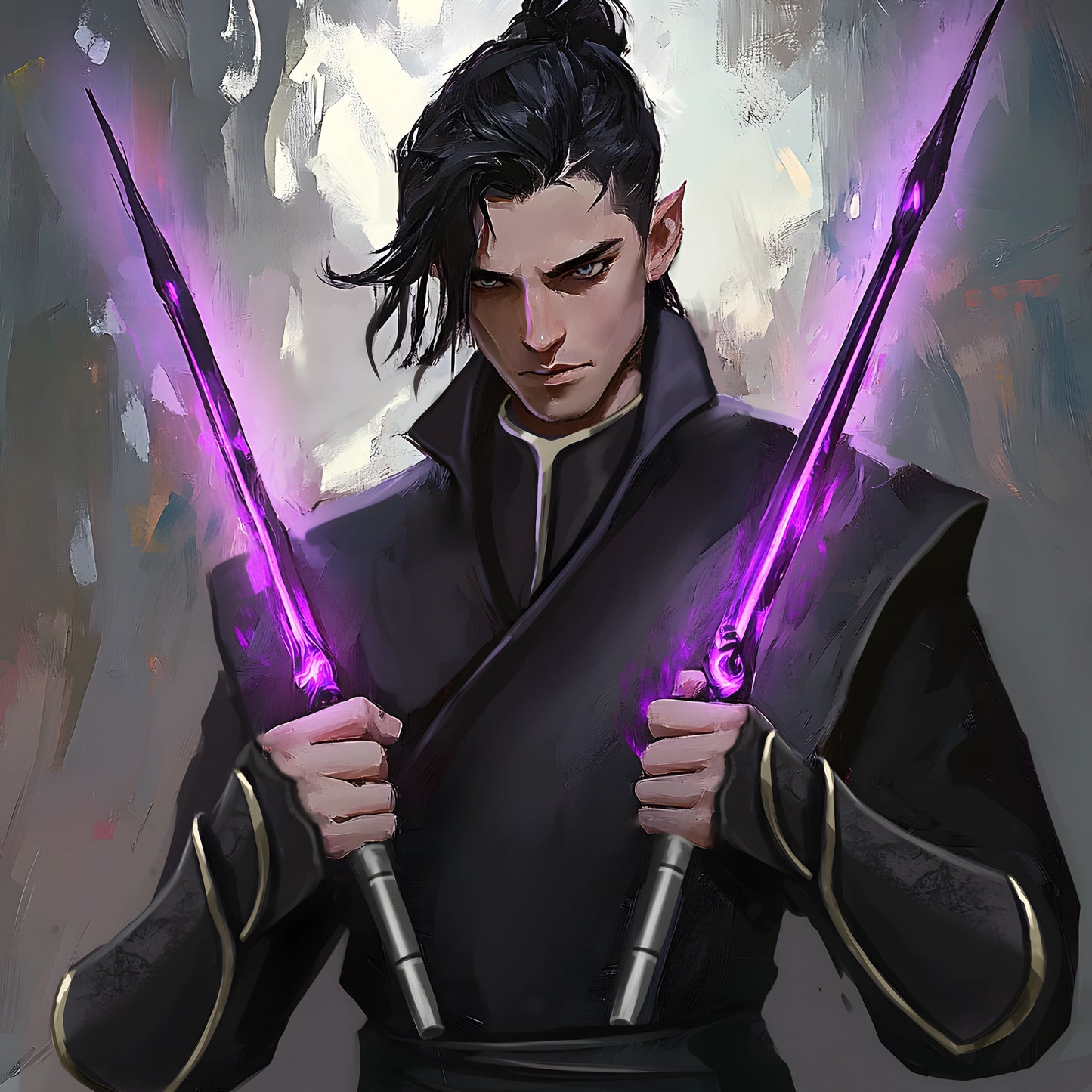 Example of custom character art for fantasy authors: Male character, possibly an elf, wielding two glowing purple energy blades, perfect for visualizing novel heroes.