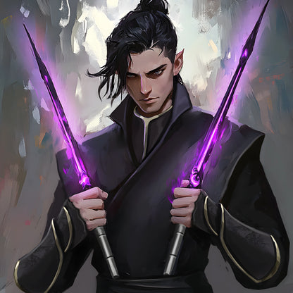 Example of custom character art for fantasy authors: Male character, possibly an elf, wielding two glowing purple energy blades, perfect for visualizing novel heroes.