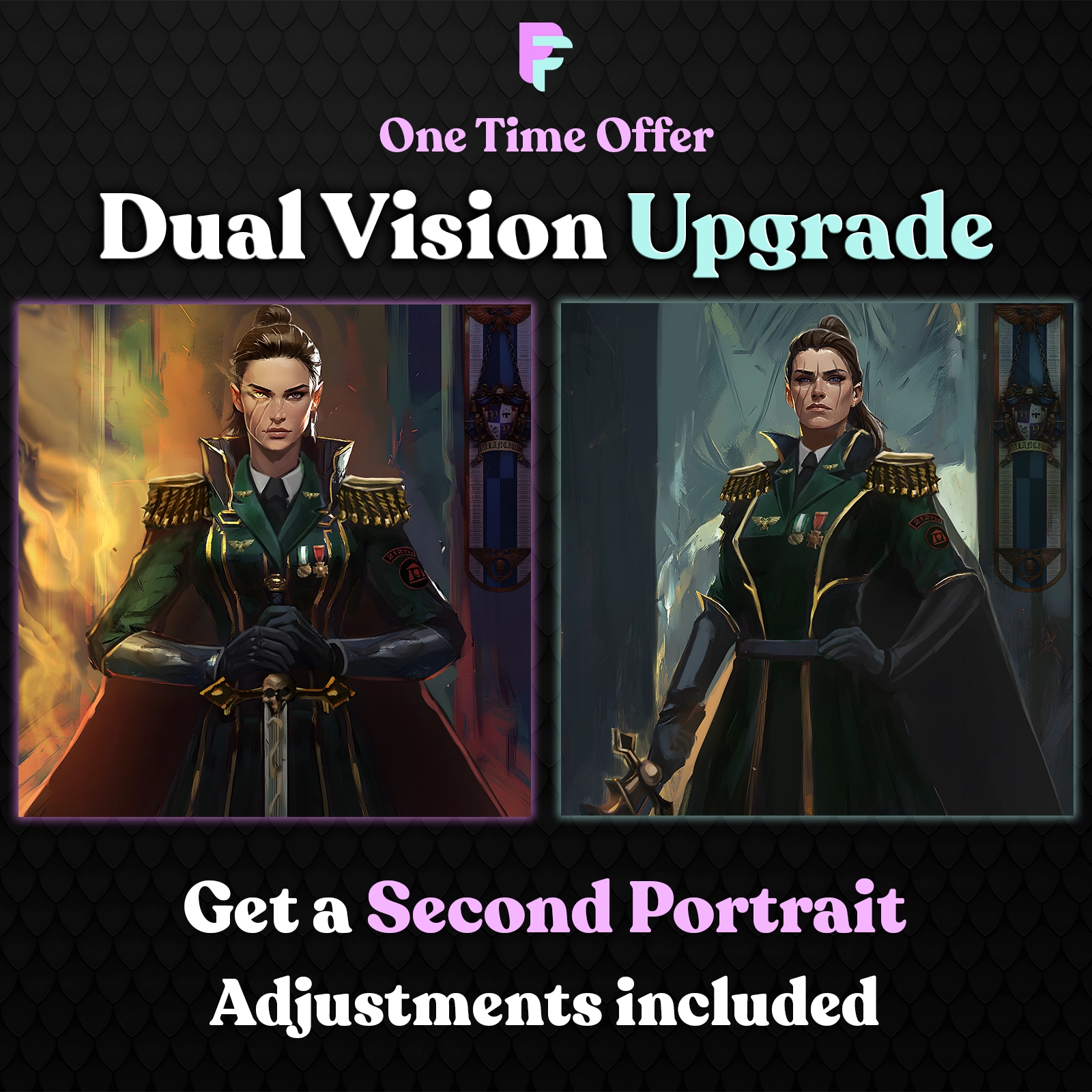 Advertisement for a 'Dual Vision Upgrade' with two portraits of a character in ornate clothing.