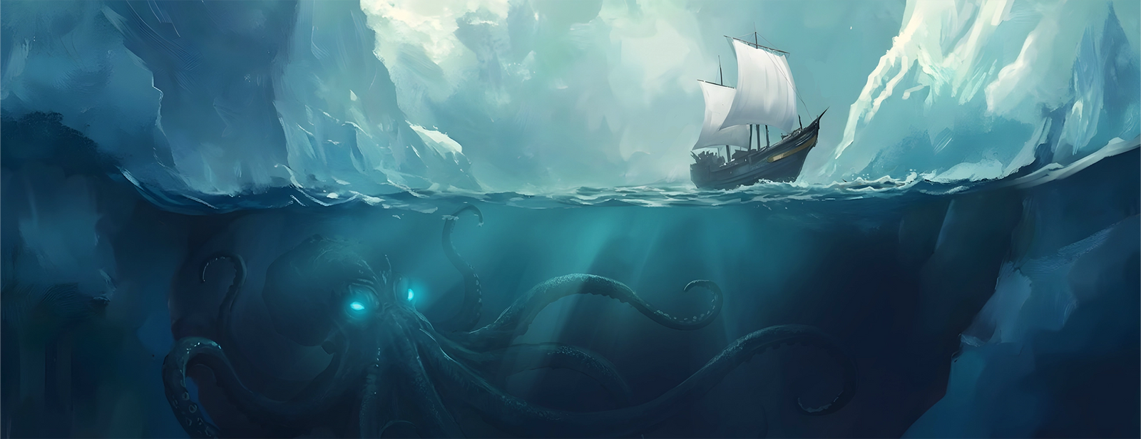 Cinematic fantasy scene of a sailing ship with a kraken beneath the waves