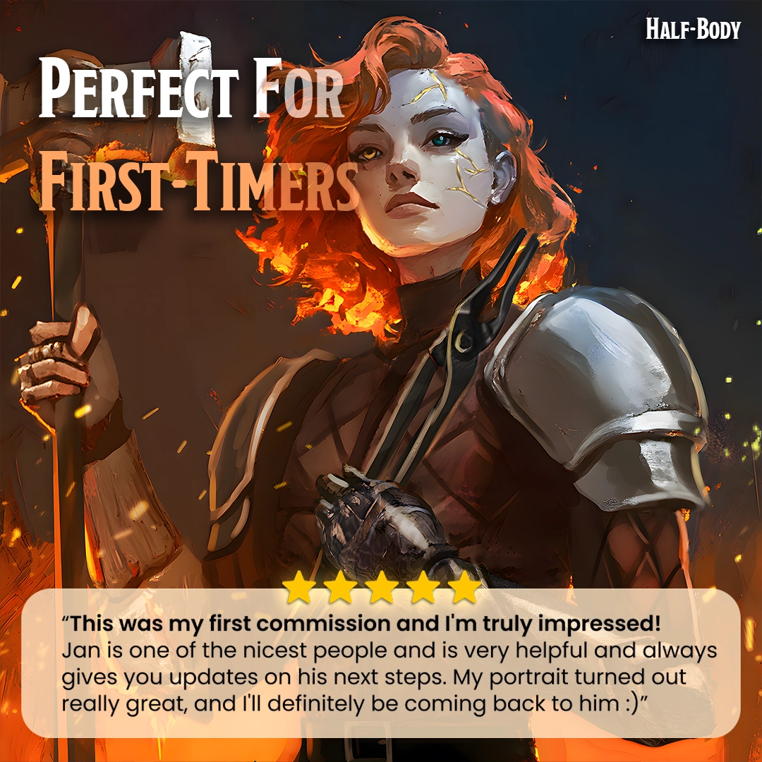 Character in armor with fiery hair and text about a first commission