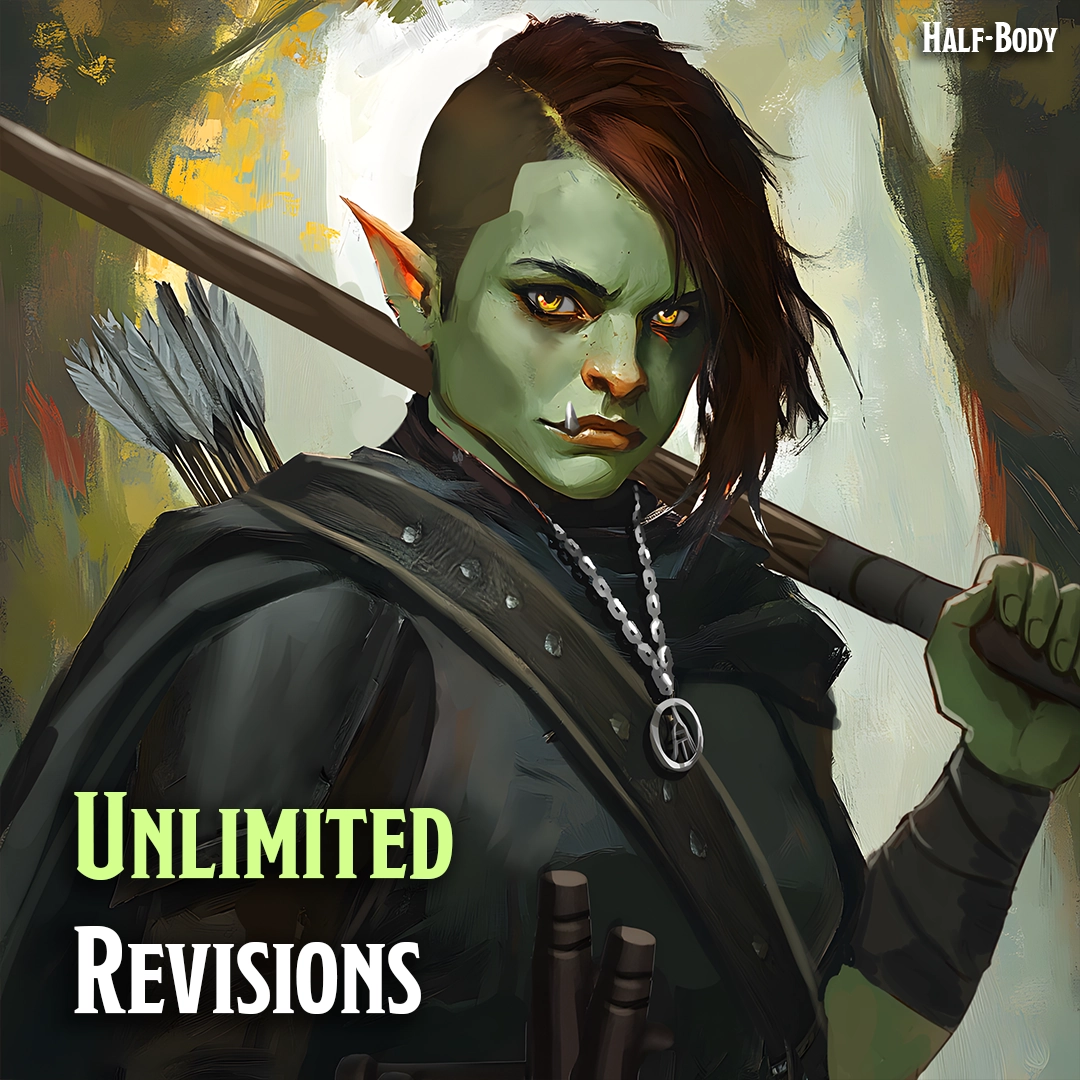 Animated character with green skin and brown hair holding a bow and arrow, with text 'UNLIMITED REVISIONS' and 'HALF-BODY' in the corner.