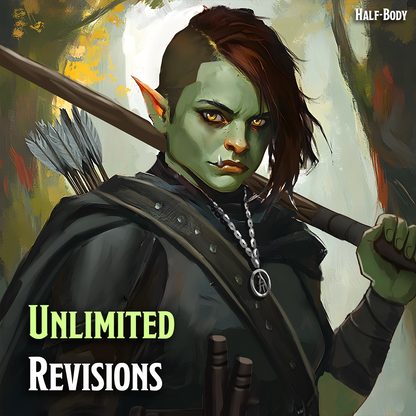 Animated character with green skin and brown hair holding a bow and arrow, with text 'UNLIMITED REVISIONS' and 'HALF-BODY' in the corner.