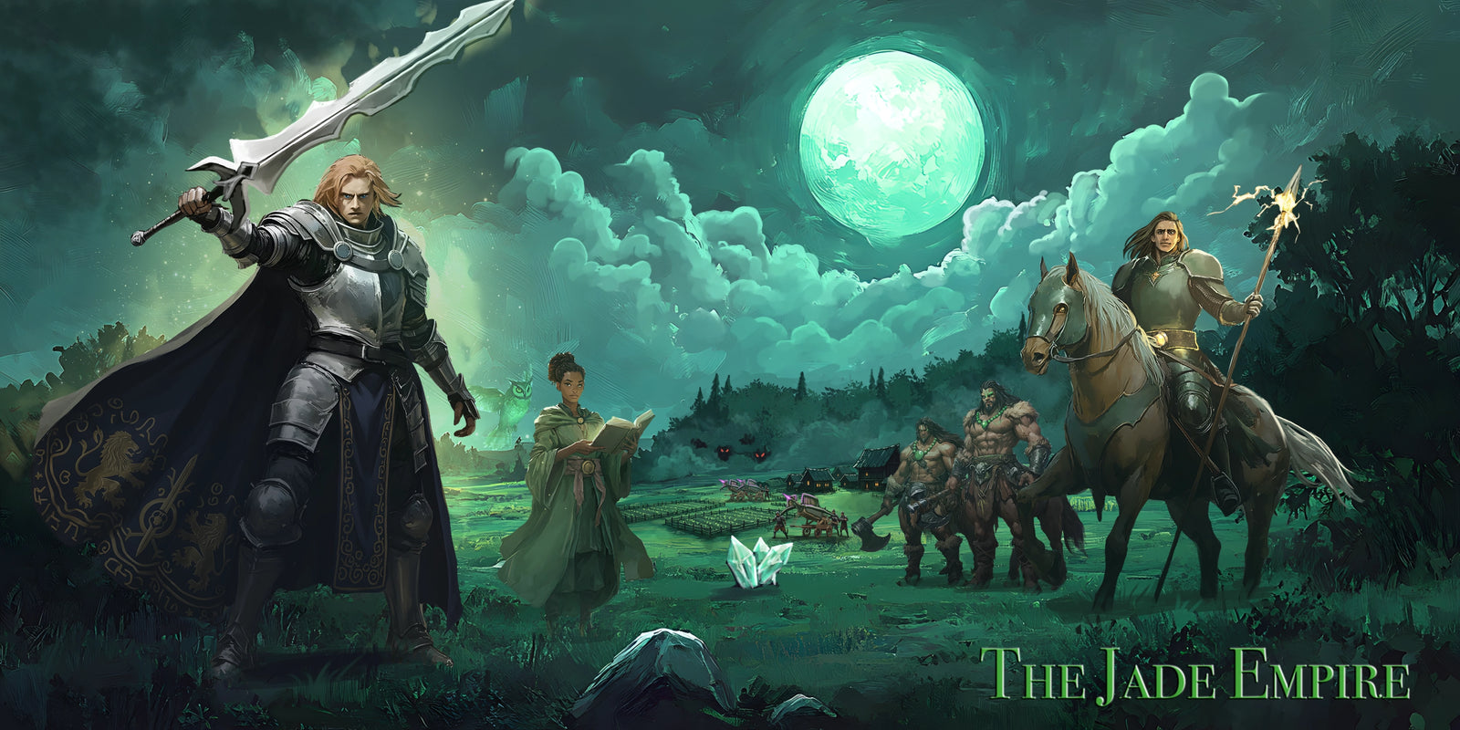 Custom fantasy book cover with heroes under a green moon