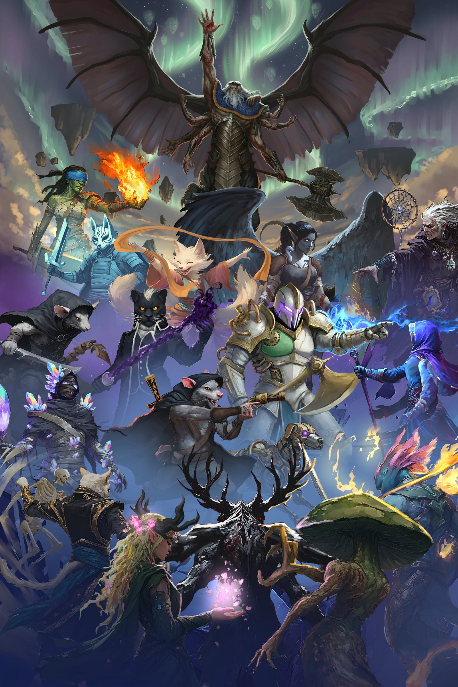 Massive ensemble illustration with twenty characters layered under an aurora sky