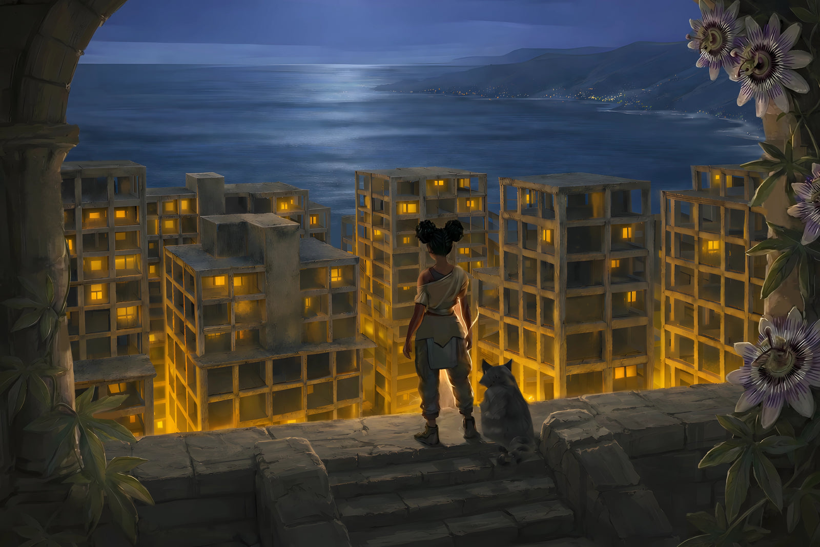 Atmospheric character moment overlooking a glowing coastal city