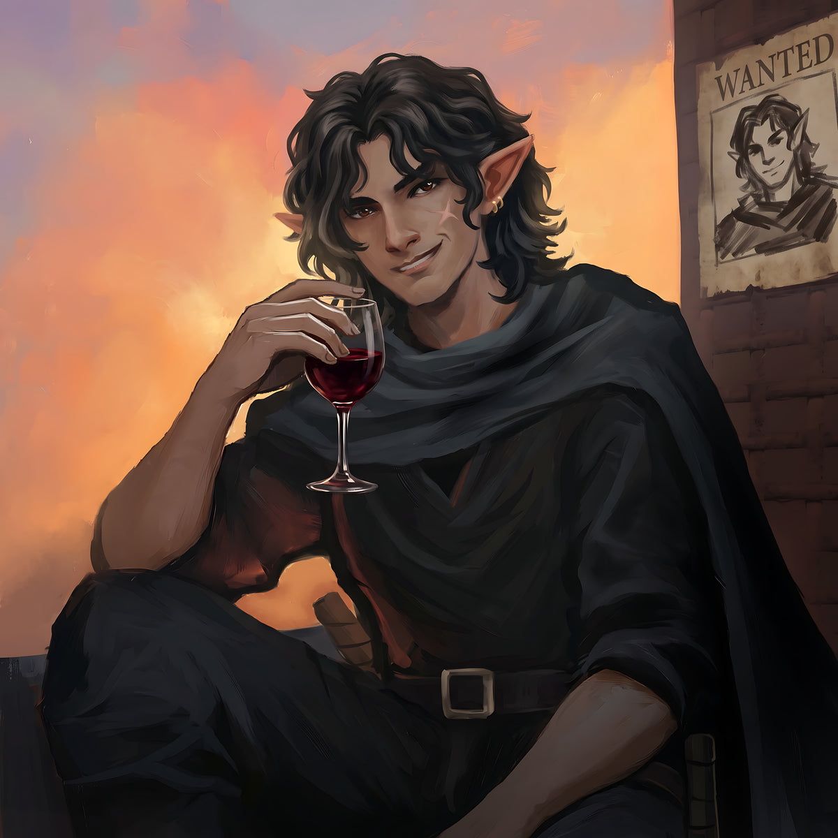 Dark-haired fantasy character holding a wine glass beside a wanted poster