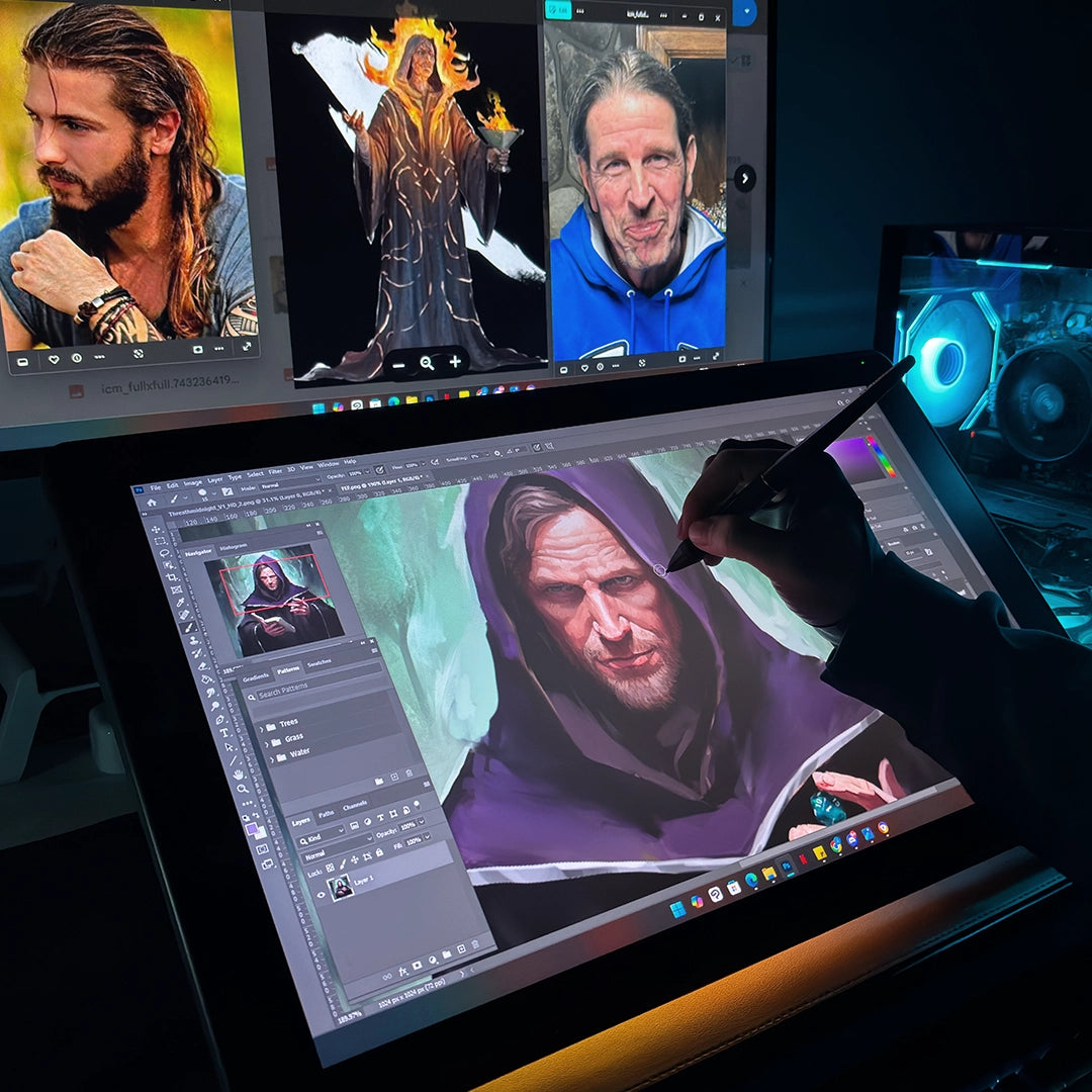 Person using a stylus on a digital art software with a computer screen displaying various images.