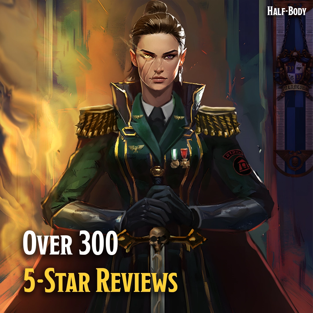 Character in a fantasy setting with a sword, surrounded by text about reviews.