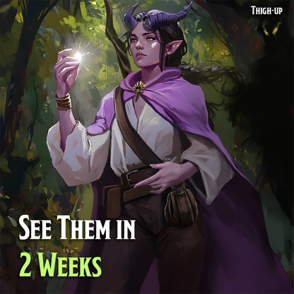 Character in fantasy attire with a glowing object, surrounded by foliage, with text 'See Them In 2 Weeks' and 'THIGH-UP' logo.