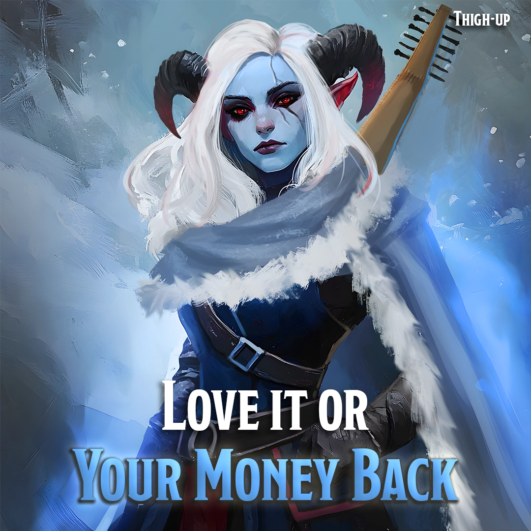 Character with white hair and horns holding a weapon against a blue background with text overlay.
