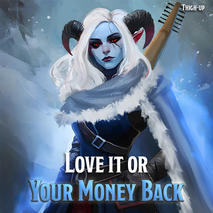 Character with white hair and horns holding a weapon against a blue background with text overlay.
