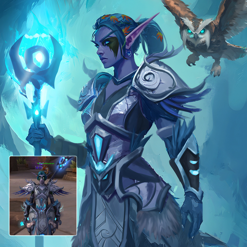 Custom World of Warcraft Night Elf character portrait with staff and owl pet, digital painting by FondlyFramed
