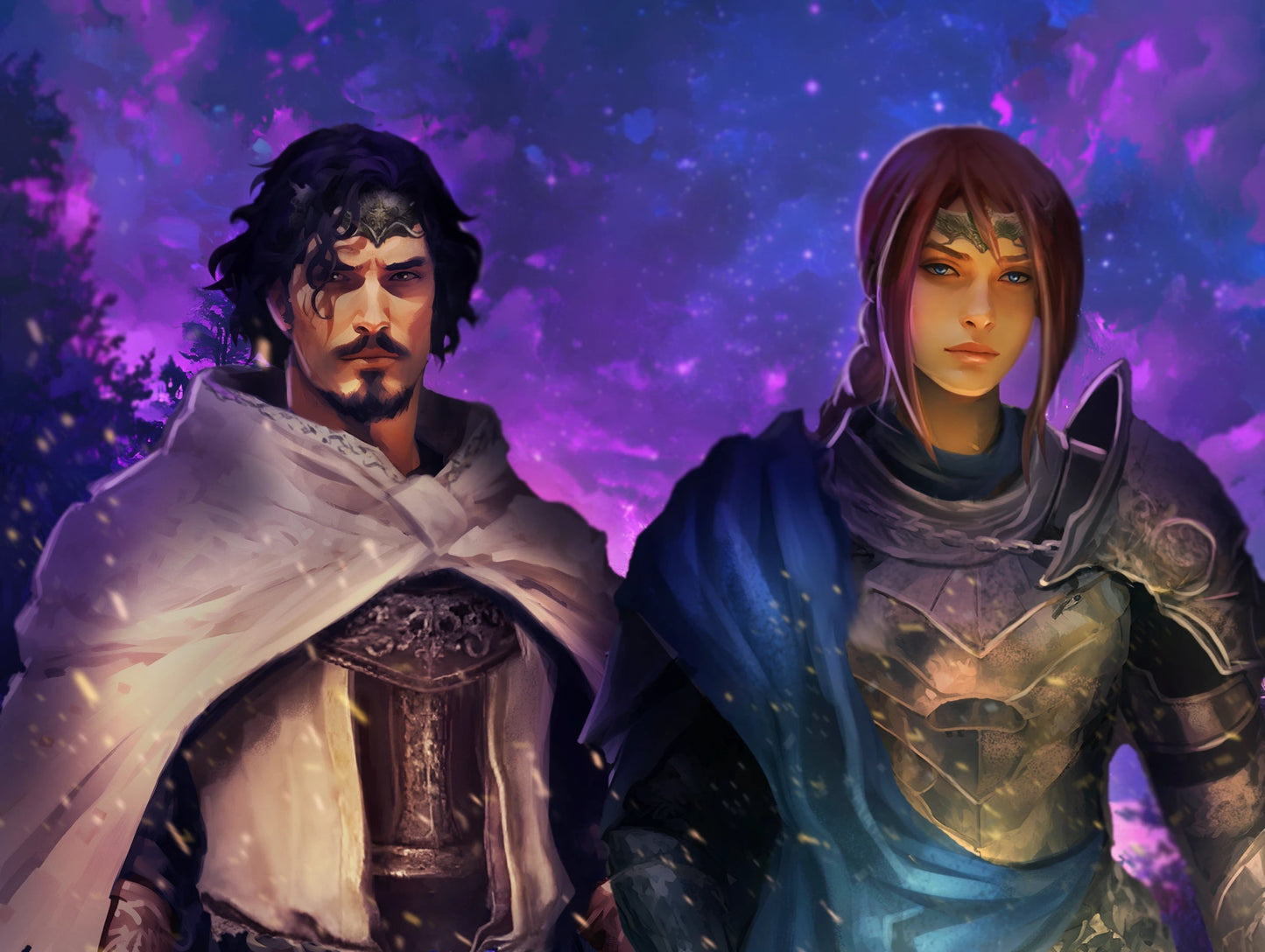 Custom D&D digital art duo portrait of a male and female human character in fantasy armor by FondlyFramed.