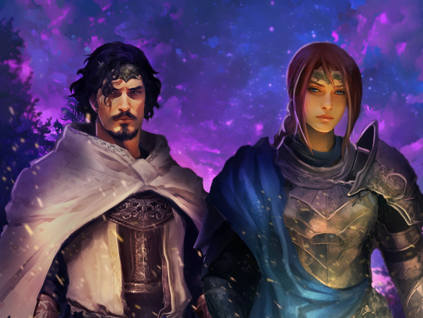 Custom D&D digital art duo portrait of a male and female human character in fantasy armor by FondlyFramed.