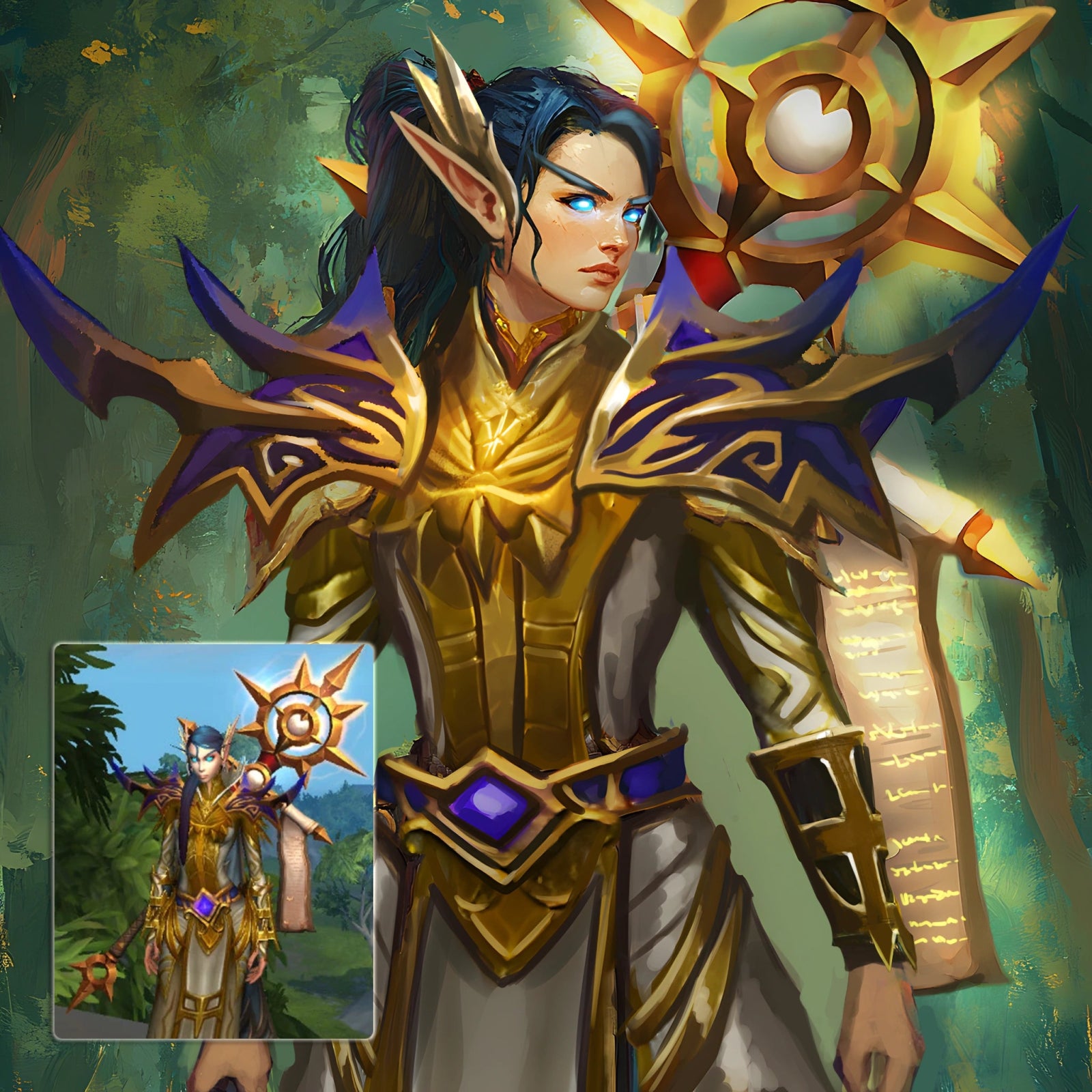Custom World of Warcraft elf Paladin character portrait in digital painting style, based on in-game screenshot, by FondlyFramed