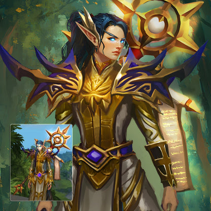 Custom World of Warcraft elf Paladin character portrait in digital painting style, based on in-game screenshot, by FondlyFramed