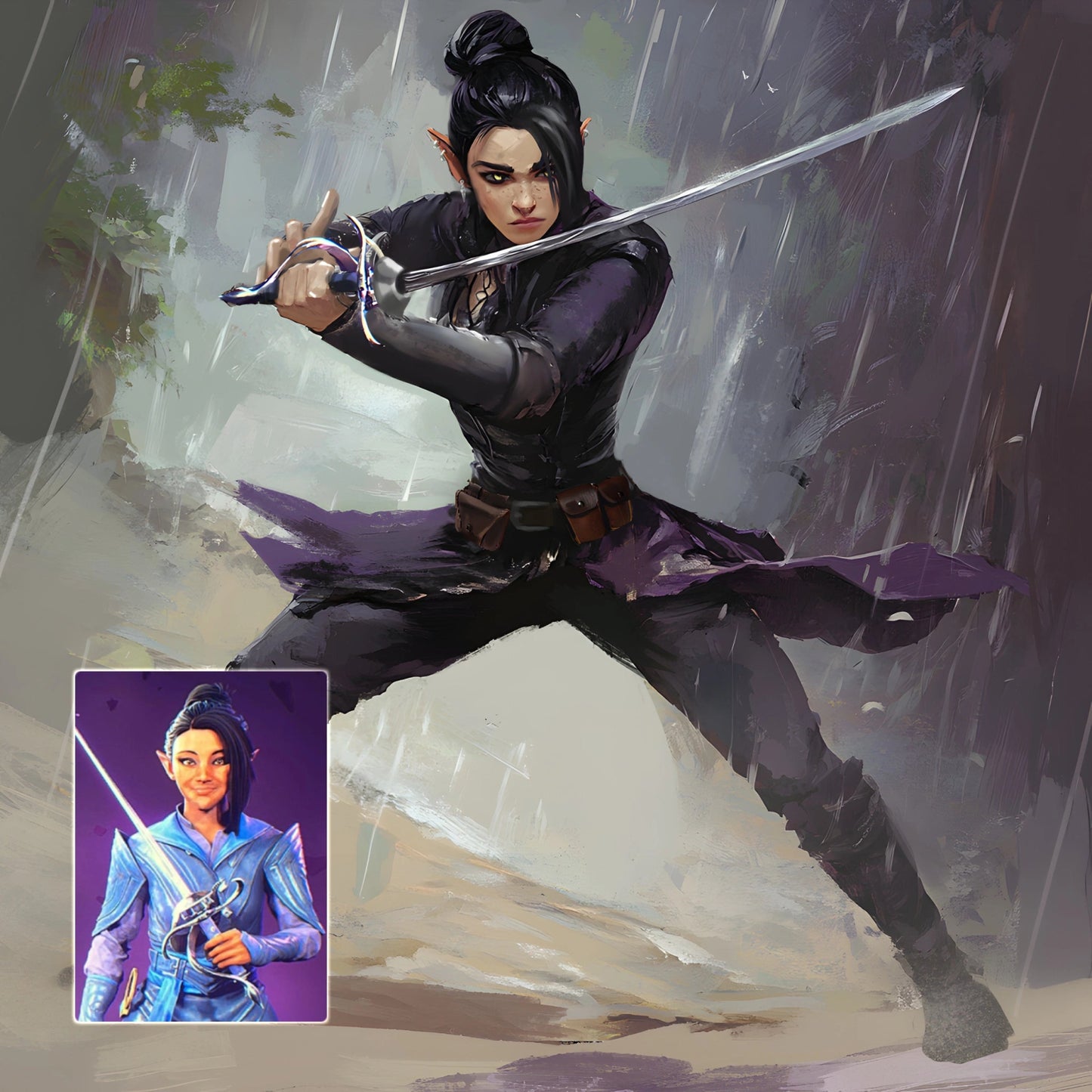 Custom digital painting of a Baldur's Gate 3 elf character holding a sword, based on game screenshot, by FondlyFramed.