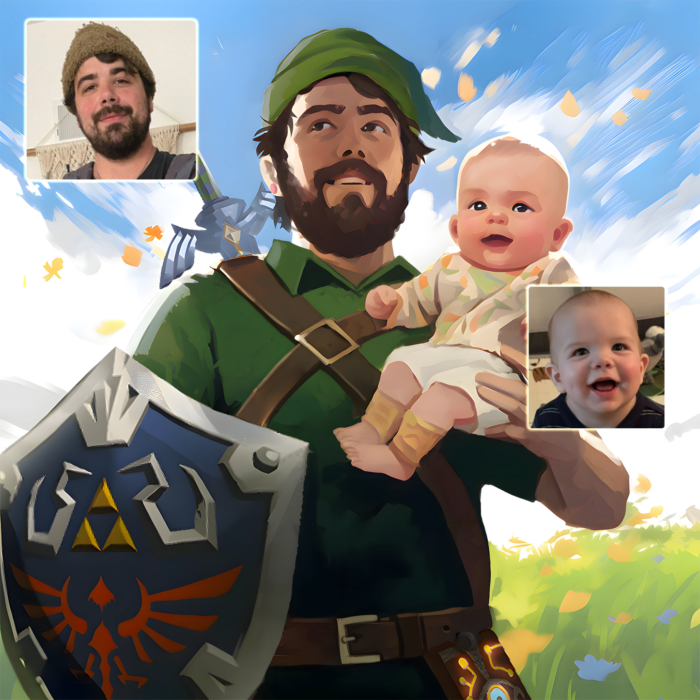 Custom fantasy portrait from photos: Dad as hero in green tunic with iconic shield, holding baby by FondlyFramed.