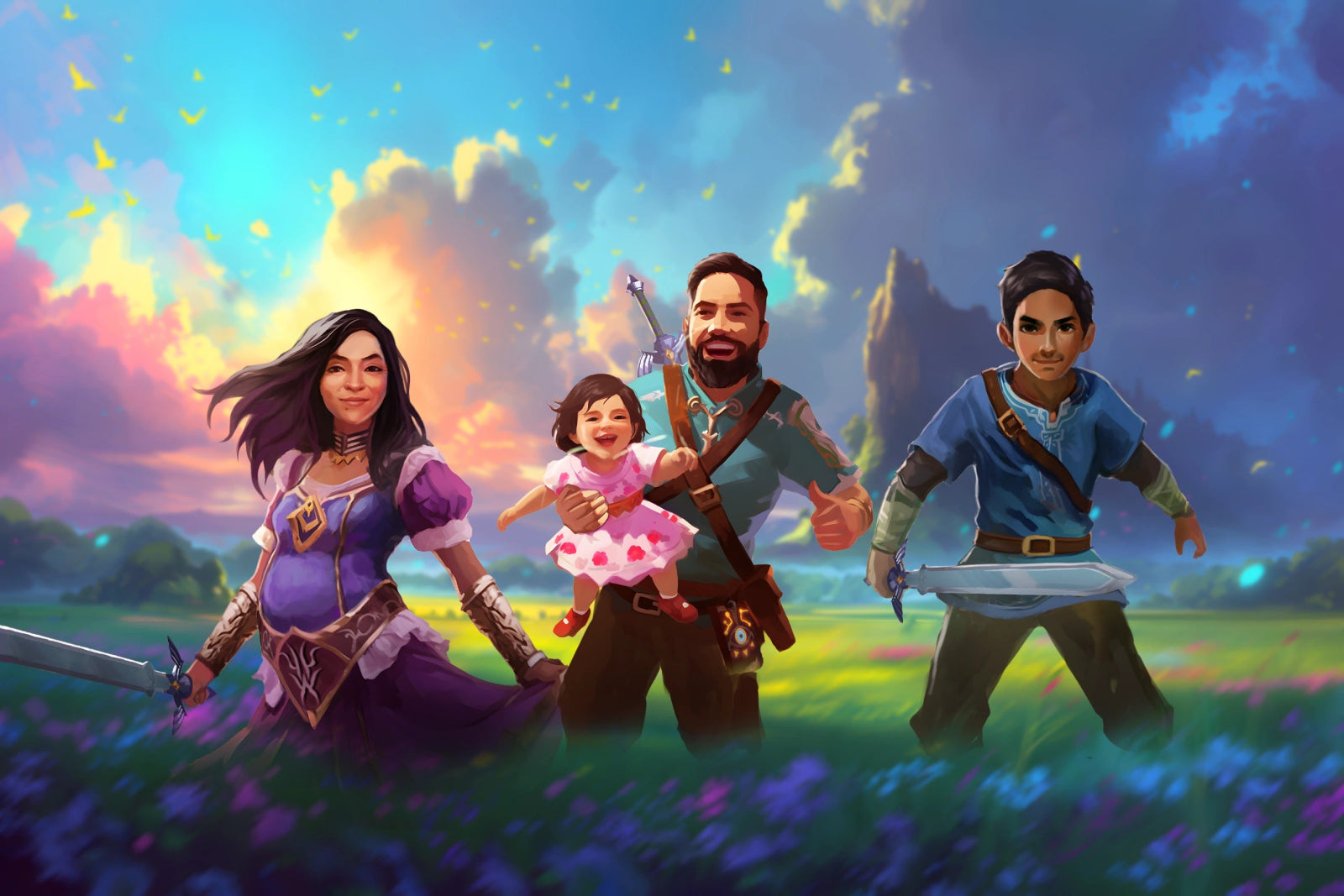 Example of custom fantasy family portrait: Parents and two children reimagined as heroic adventurers in a vibrant, magical field setting.