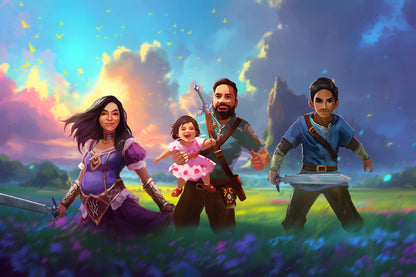 Example of custom fantasy family portrait: Parents and two children reimagined as heroic adventurers in a vibrant, magical field setting.