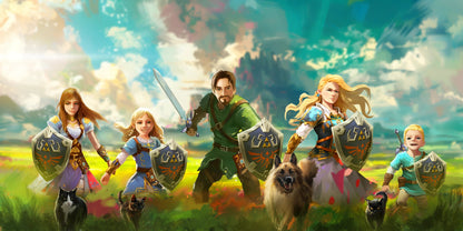  Example of custom fantasy portrait: Family of four with their dog and two cats reimagined as heroic adventurers with swords and shields in a bright fantasy setting.