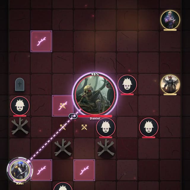 A party of heroes fighting a boss on the grid