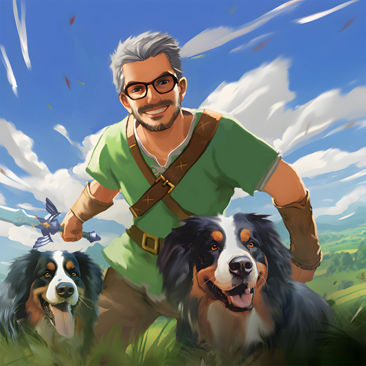 Custom fantasy portrait of a man in green tunic as a hero with two large dogs and a fairy companion by FondlyFramed.