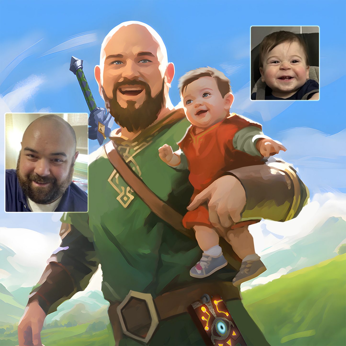 FondlyFramed custom art from photos: Father depicted as fantasy hero in green tunic with sword, holding baby, alongside reference photos.