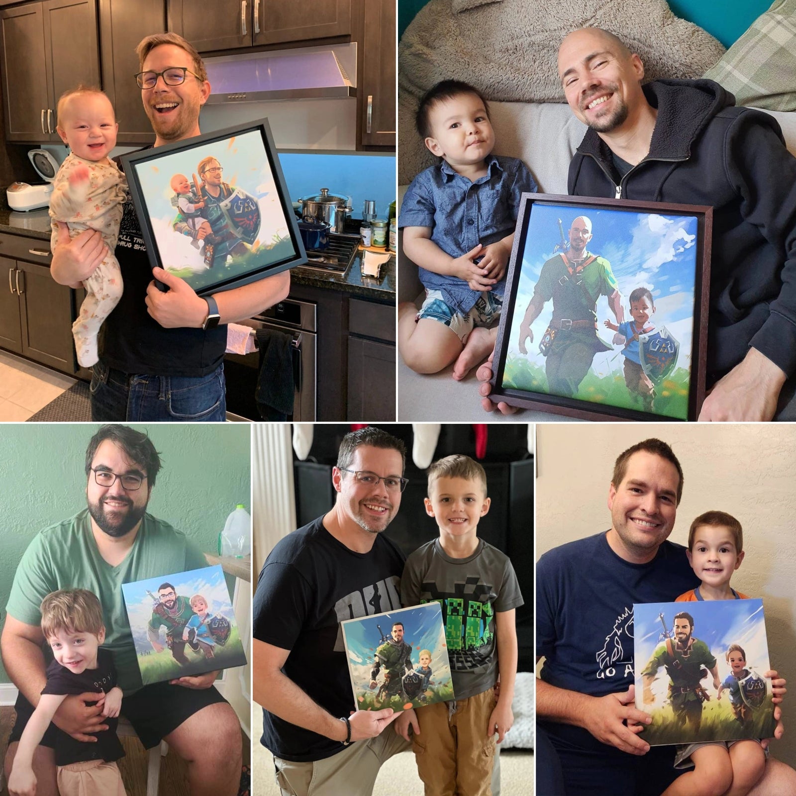 Celebrate Father's Day with FondlyFramed! See happy dads showcasing custom fantasy portraits with their children, the perfect gift for any hero