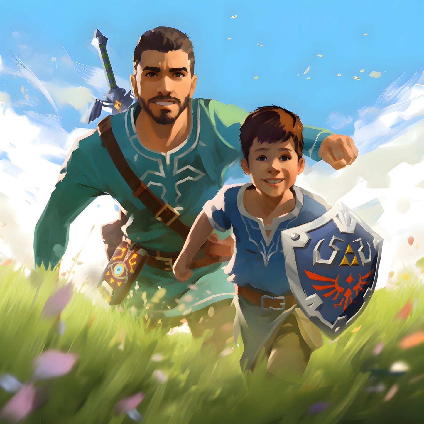 Custom portrait of father in green tunic with sword and son carrying iconic blue crest shield, running in field, fantasy adventure style by FondlyFramed.