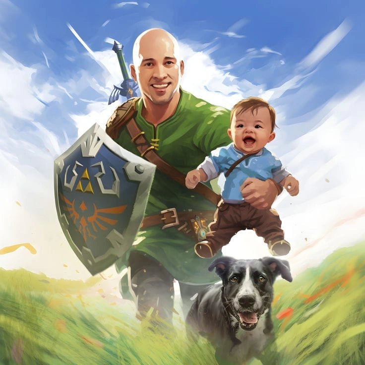 FondlyFramed custom art: Father holding baby and iconic shield, baby, and dog depicted as happy fantasy heroes in a sunny field.