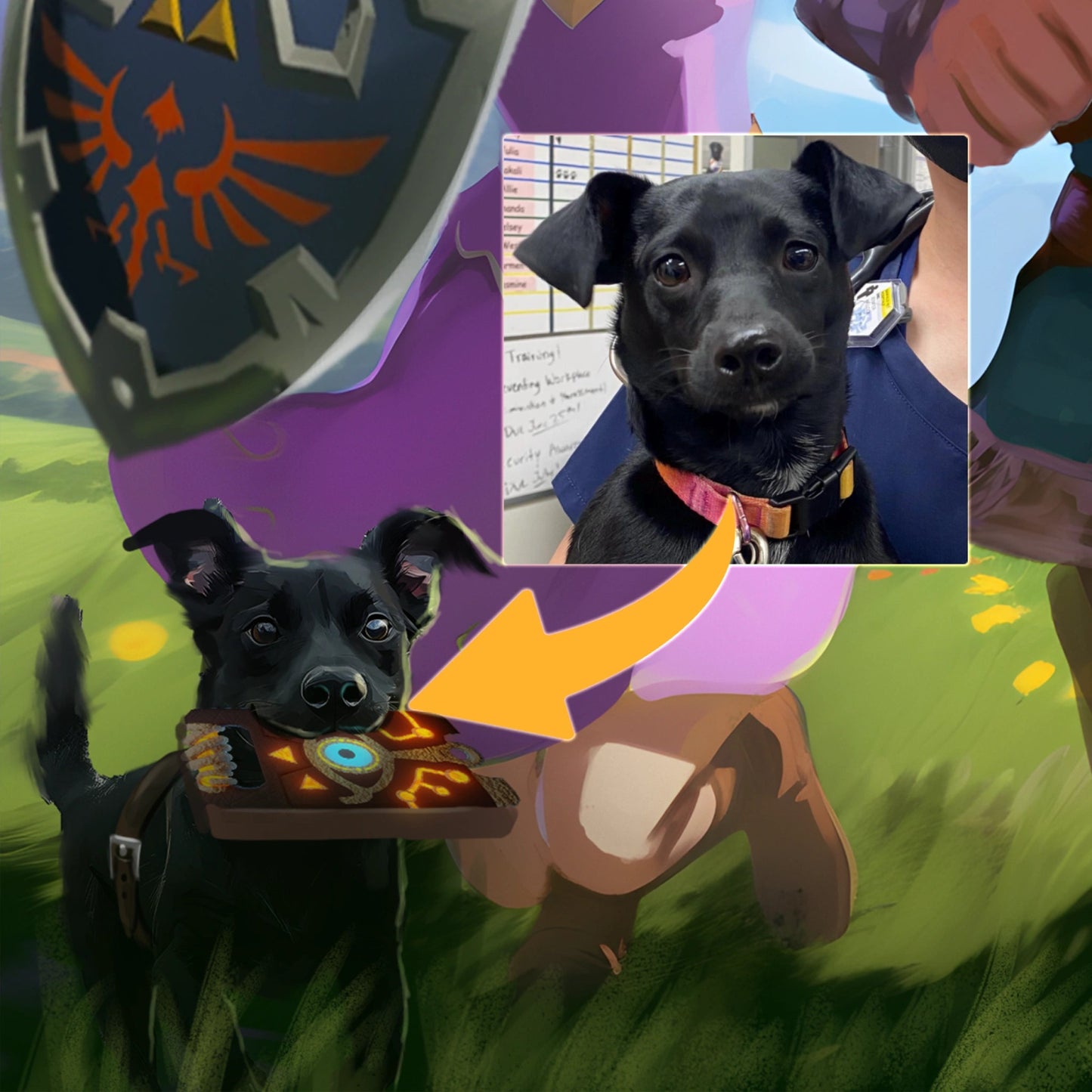 Example of pet add-on for fantasy portraits: Black dog integrated into legendary adventure scene by FondlyFramed.