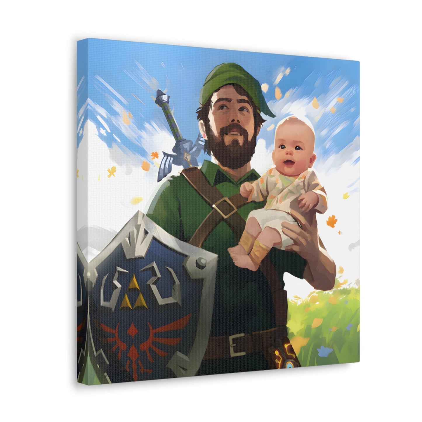 Ready-to-hang cotton canvas print showing father as green-clad hero holding baby and iconic shield, legendary adventure style by FondlyFramed.