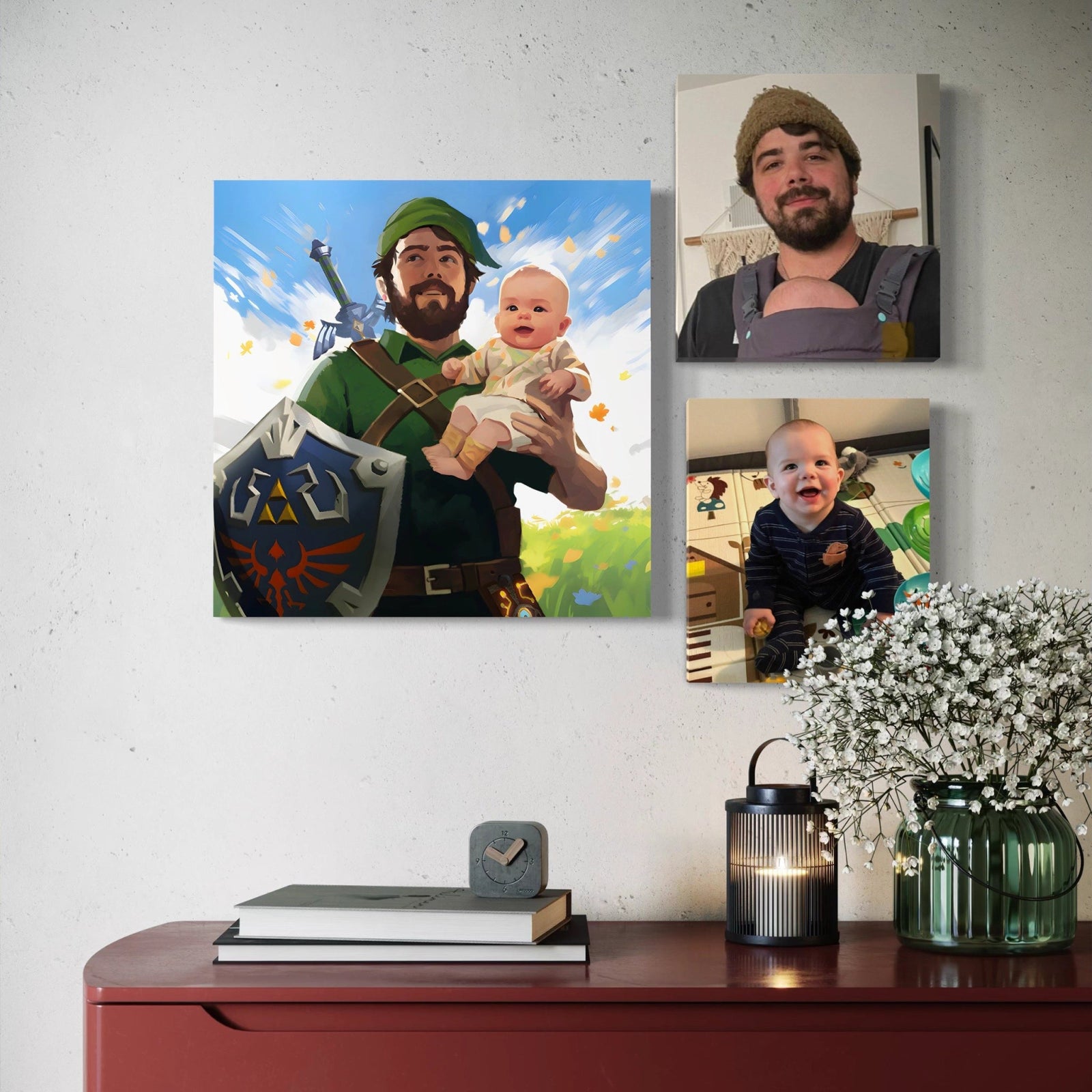 FondlyFramed custom fantasy art on cotton canvas displayed as wall art in a nursery setting, showing photo-to-art result.