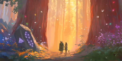 Two people walking through a magical forest with glowing trees and a mystical tent.