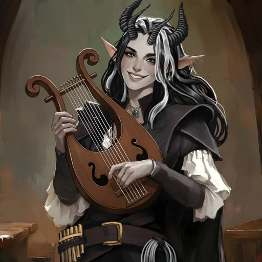 Lyra, a tiefling bard with a lyre