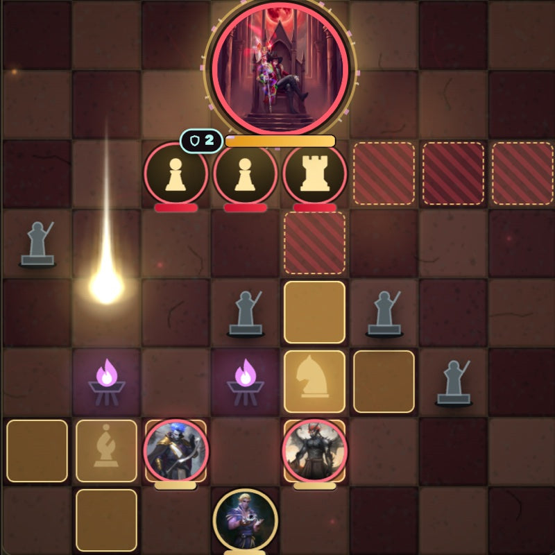 Suri Rose’s chess pieces falling onto the gold squares while her pawns and rook guard her